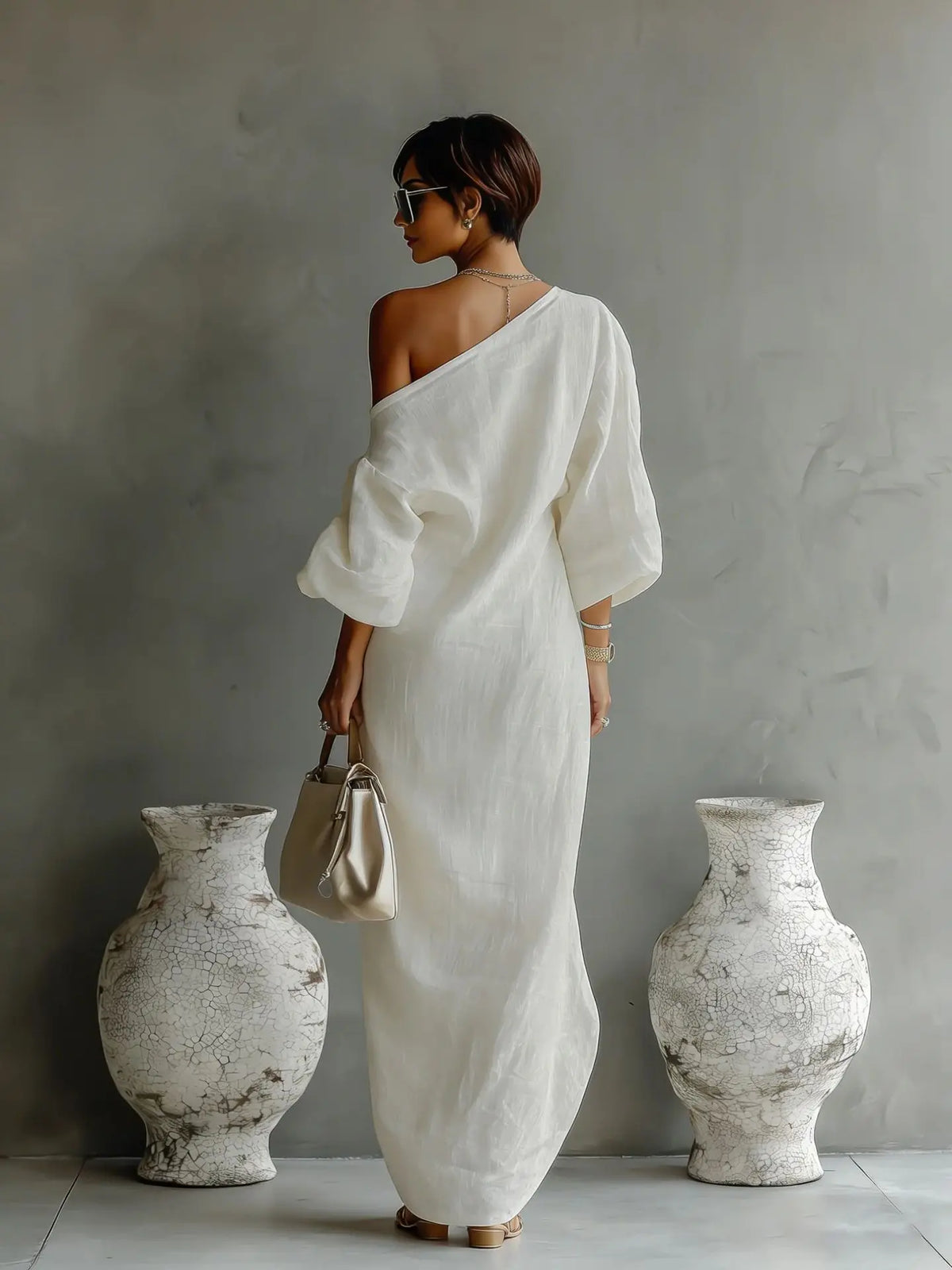 Daisy one-shoulder batwing-sleeve maxi dress — side view