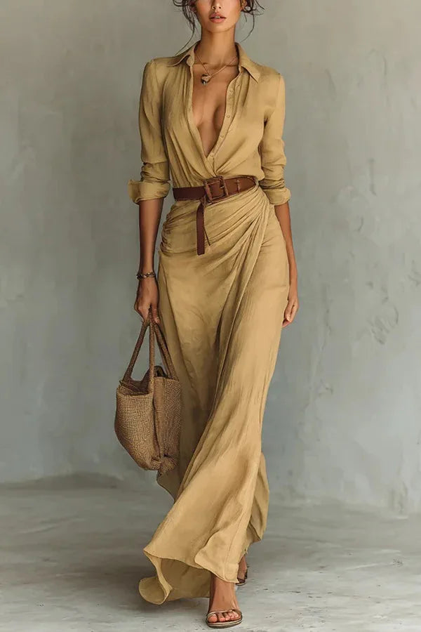 Perla v-neck belted wrap maxi dress — front view