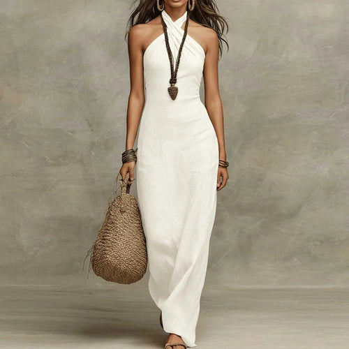 Adele halterneck criss-cross back column maxi dress — front view