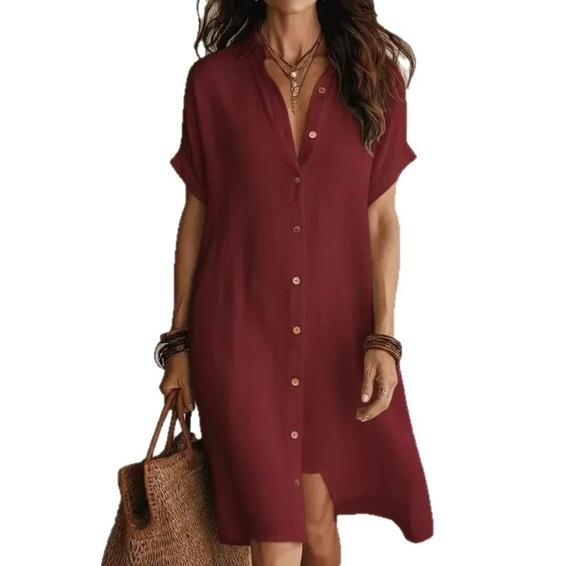 Rowan collared button-front midi shirt dress — styled view