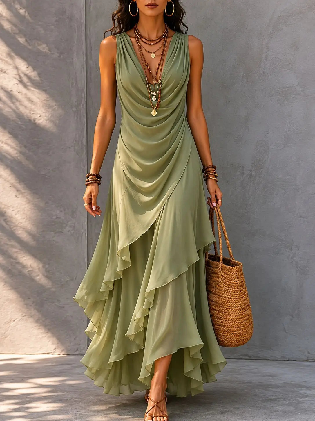 Lilianna cowl-neck ruched ruffle-hem maxi dress — front view