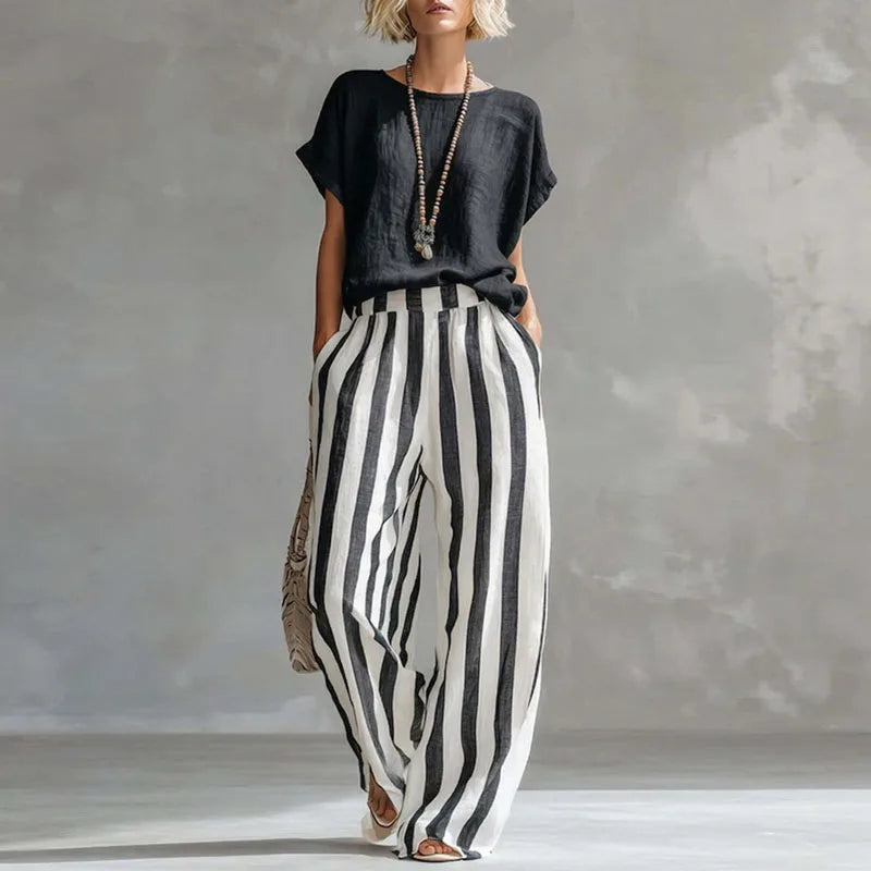 Vanessa boxy tee and striped wide-leg trouser two-piece set — back view