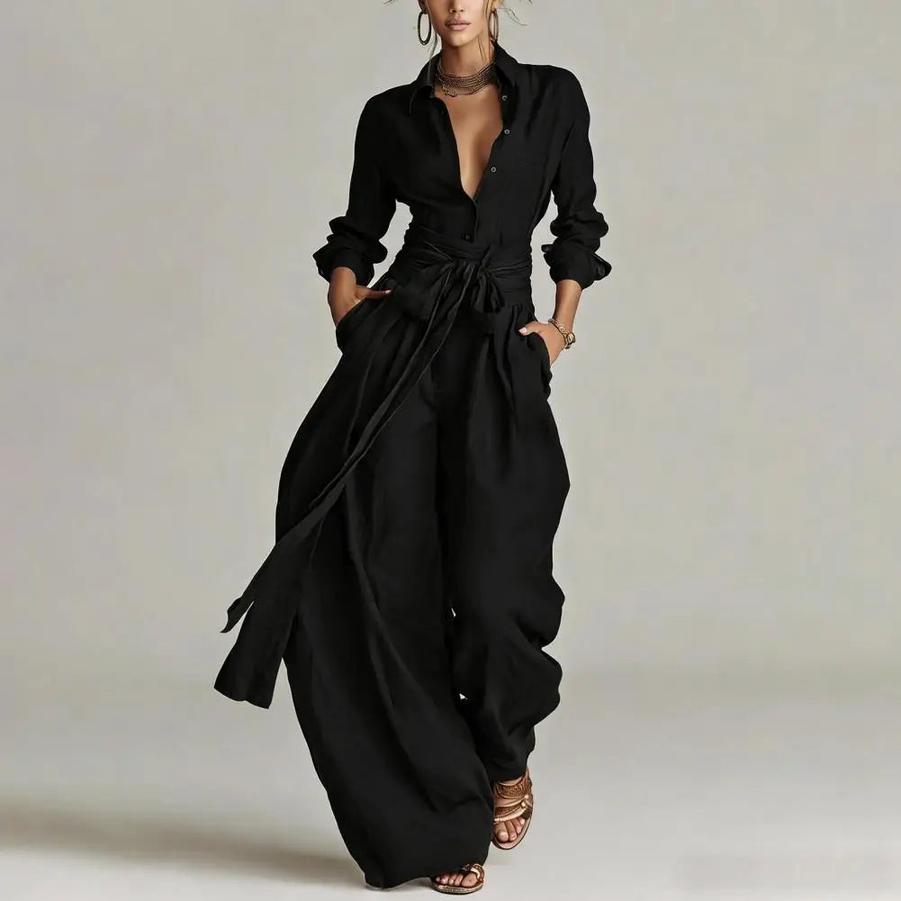 Katherine belted wrap duster and wide-leg trouser two-piece set — detail view