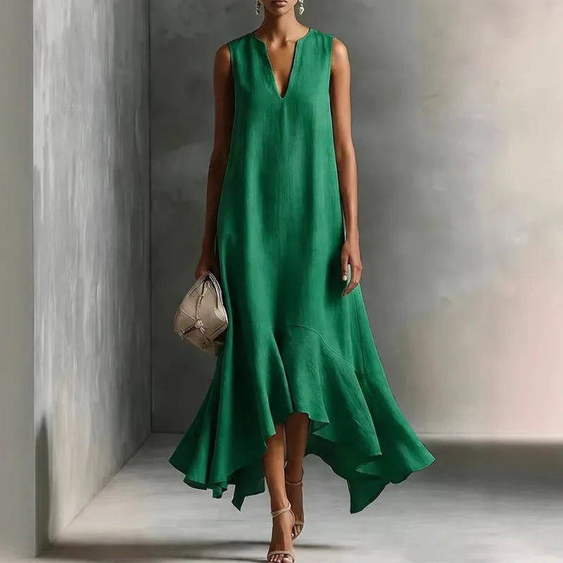Andrea notch-neck sleeveless high-low sundress — side view
