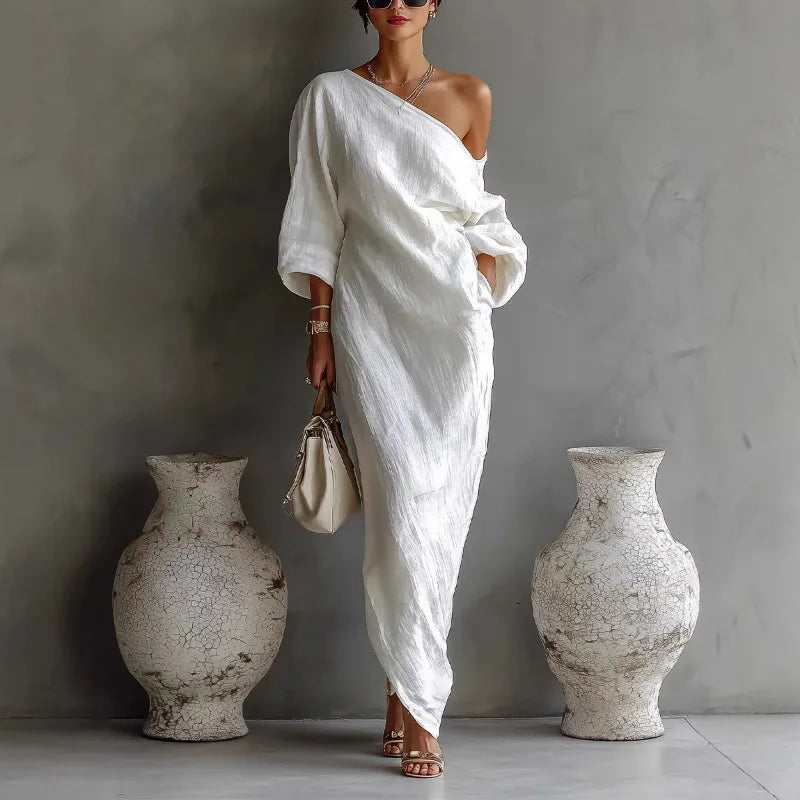 Daisy one-shoulder batwing-sleeve maxi dress — front view