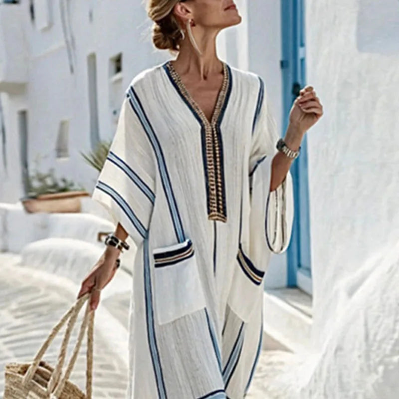 Santorini striped embroidered-placket kaftan maxi dress — back view