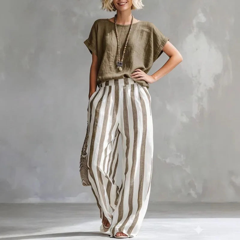 Vanessa boxy tee and striped wide-leg trouser two-piece set — side view
