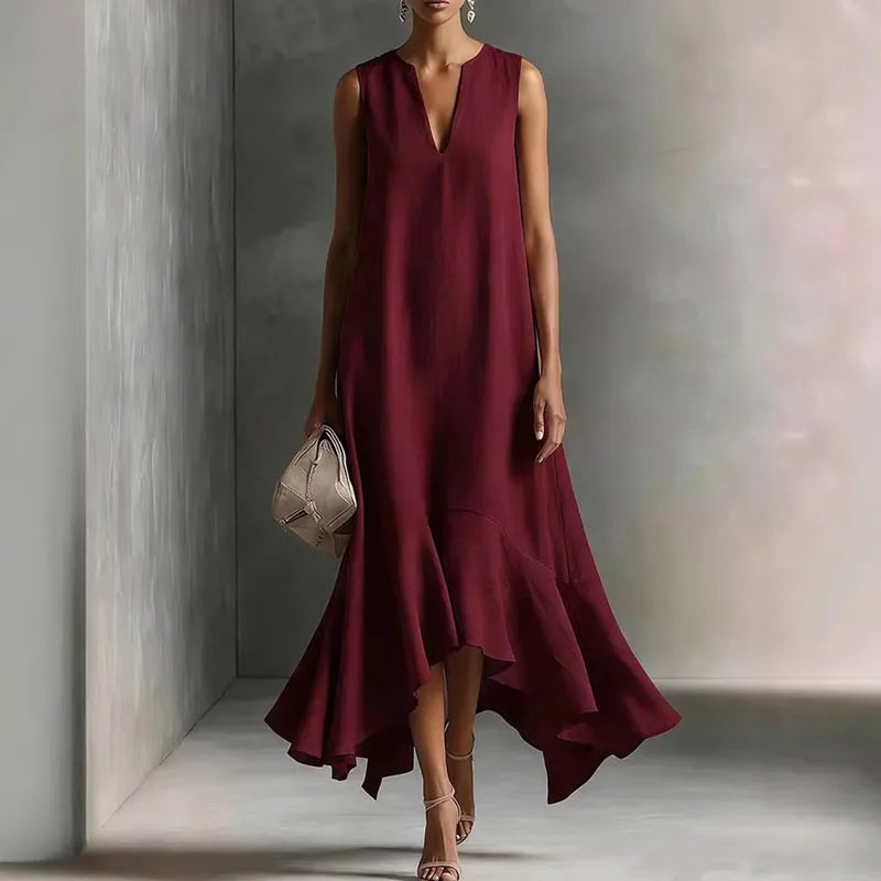 Andrea notch-neck sleeveless high-low sundress — styled view