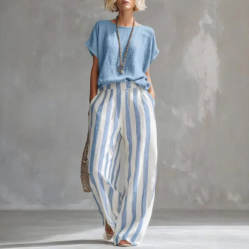 Vanessa boxy tee and striped wide-leg trouser two-piece set — detail view
