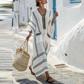 Santorini striped embroidered-placket kaftan maxi dress — front view