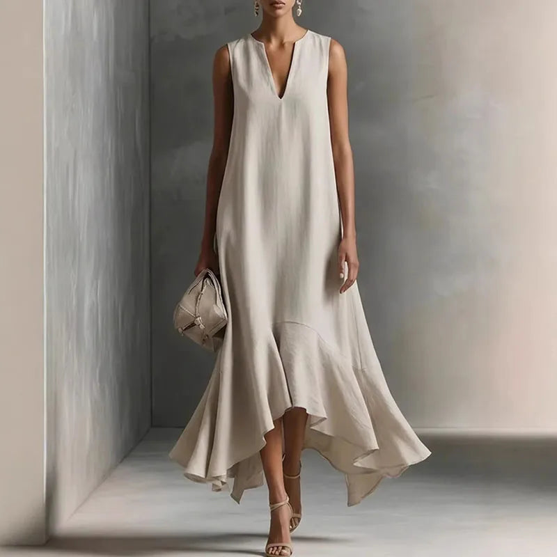 Andrea notch-neck sleeveless high-low sundress — front view
