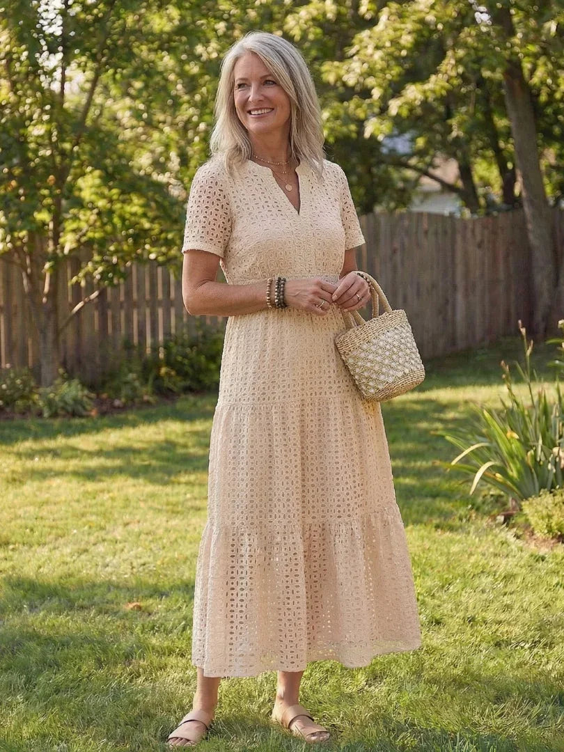 Odelisse eyelet tiered short-sleeve maxi dress — styled view