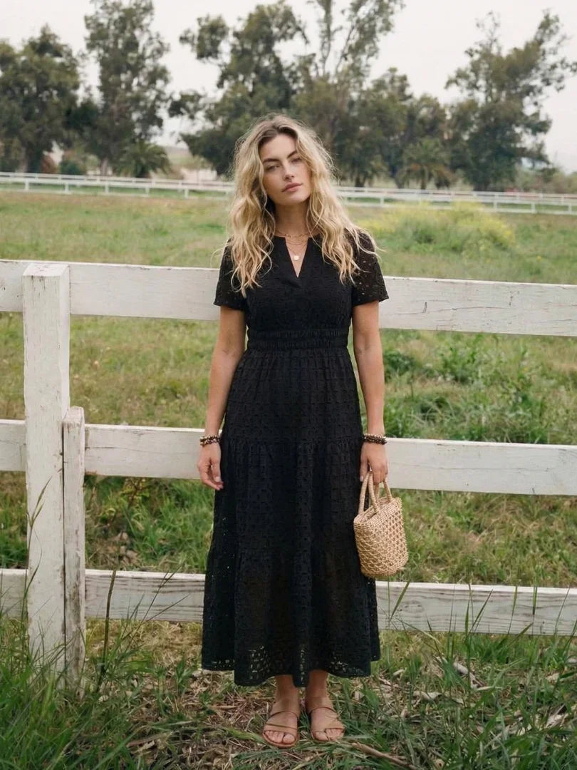 Odelisse eyelet tiered short-sleeve maxi dress — detail view