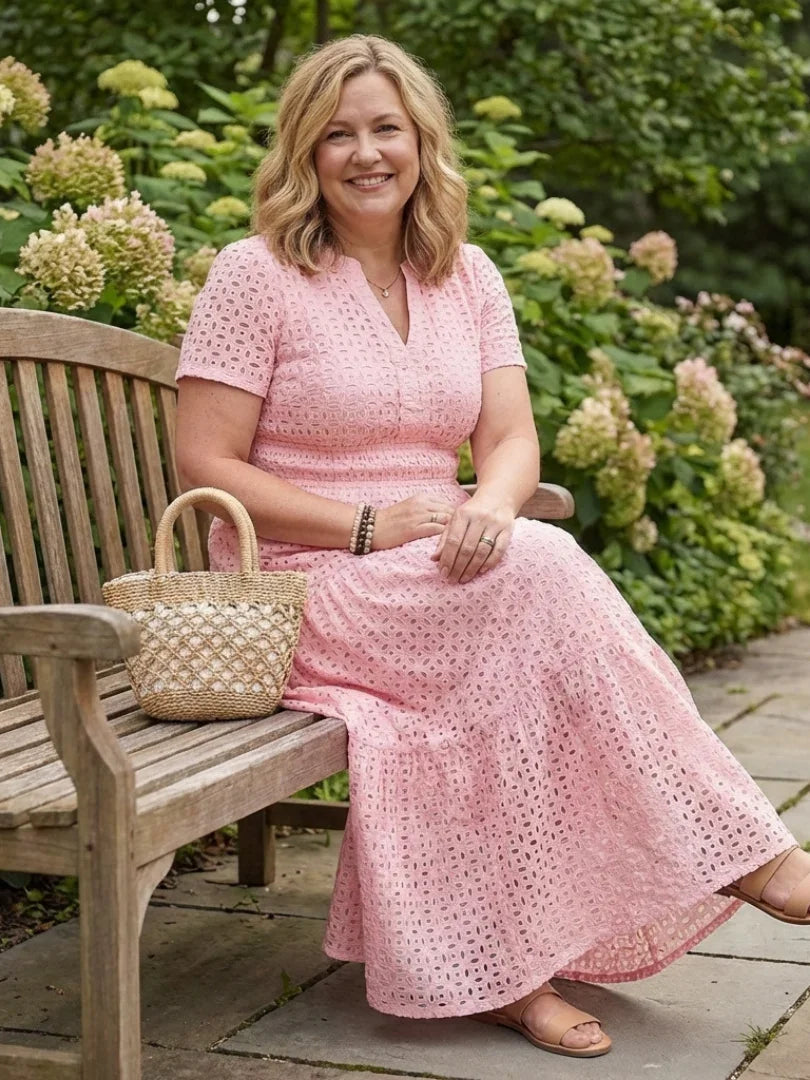 Odelisse eyelet tiered short-sleeve maxi dress — back view