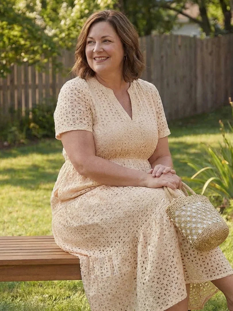 Odelisse eyelet tiered short-sleeve maxi dress — full-length view