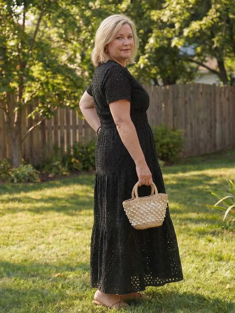 Odelisse eyelet tiered short-sleeve maxi dress — detail view