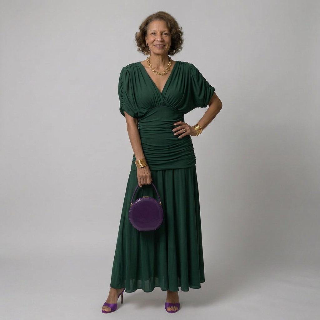 Calen surplice v-neck ruched drop-waist maxi dress — detail view