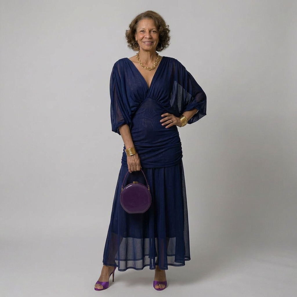 Calen surplice v-neck ruched drop-waist maxi dress — styled view