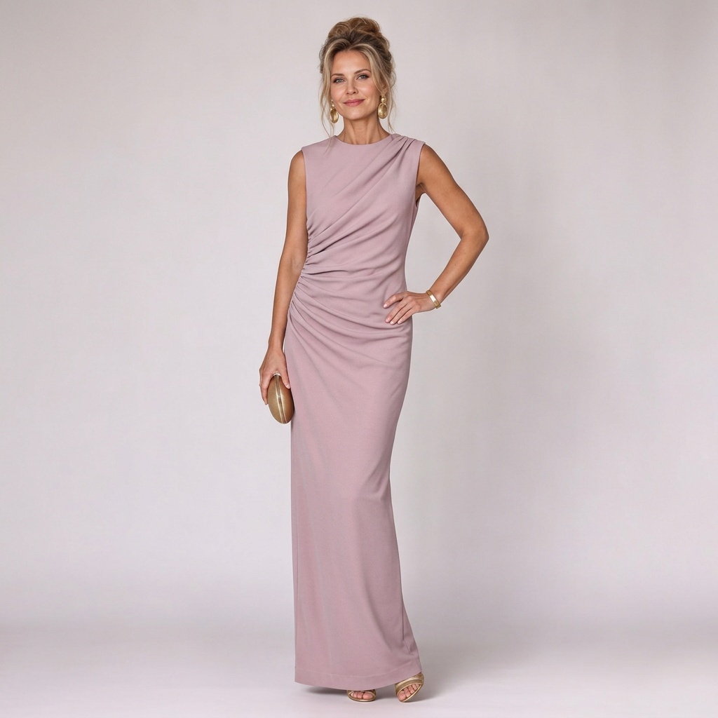 Virella asymmetric draped boat-neck ruched maxi dress — front view