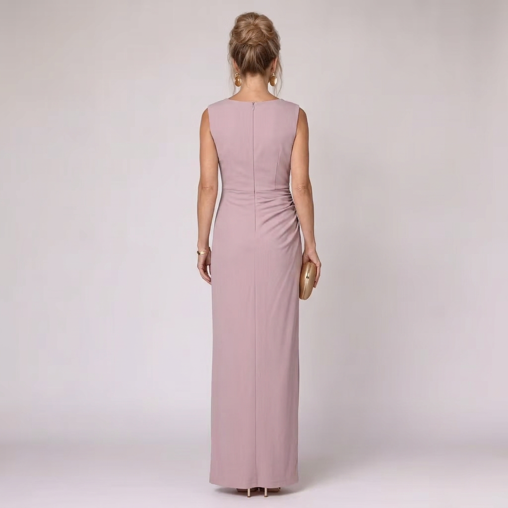 Virella asymmetric draped boat-neck ruched maxi dress — detail view