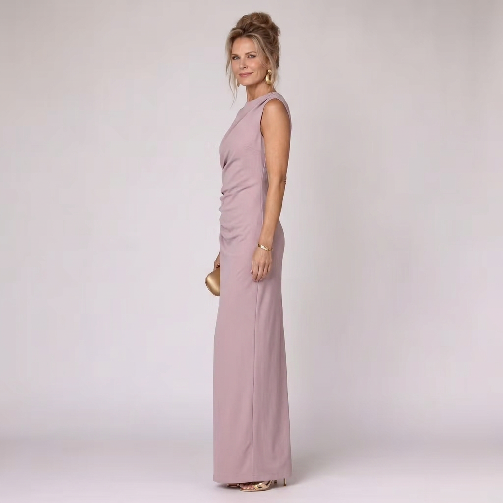 Virella asymmetric draped boat-neck ruched maxi dress — side view