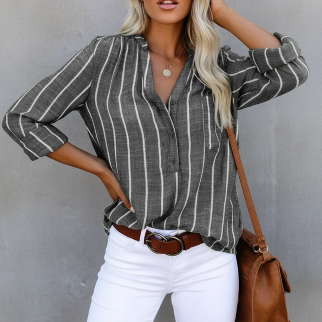 Lunelle striped roll-sleeve split-neck shirt — front view