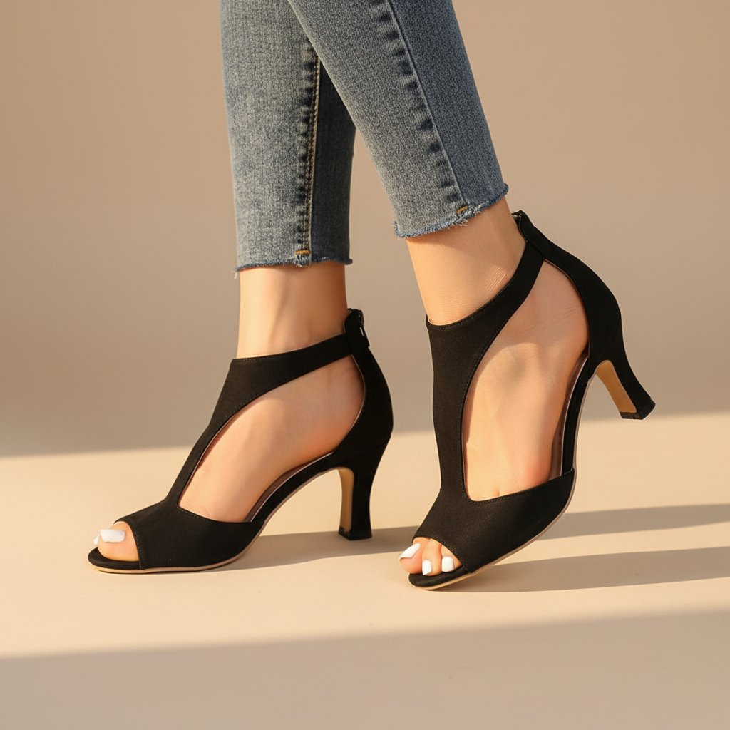 Zyla t-strap open-toe heeled sandals — detail view