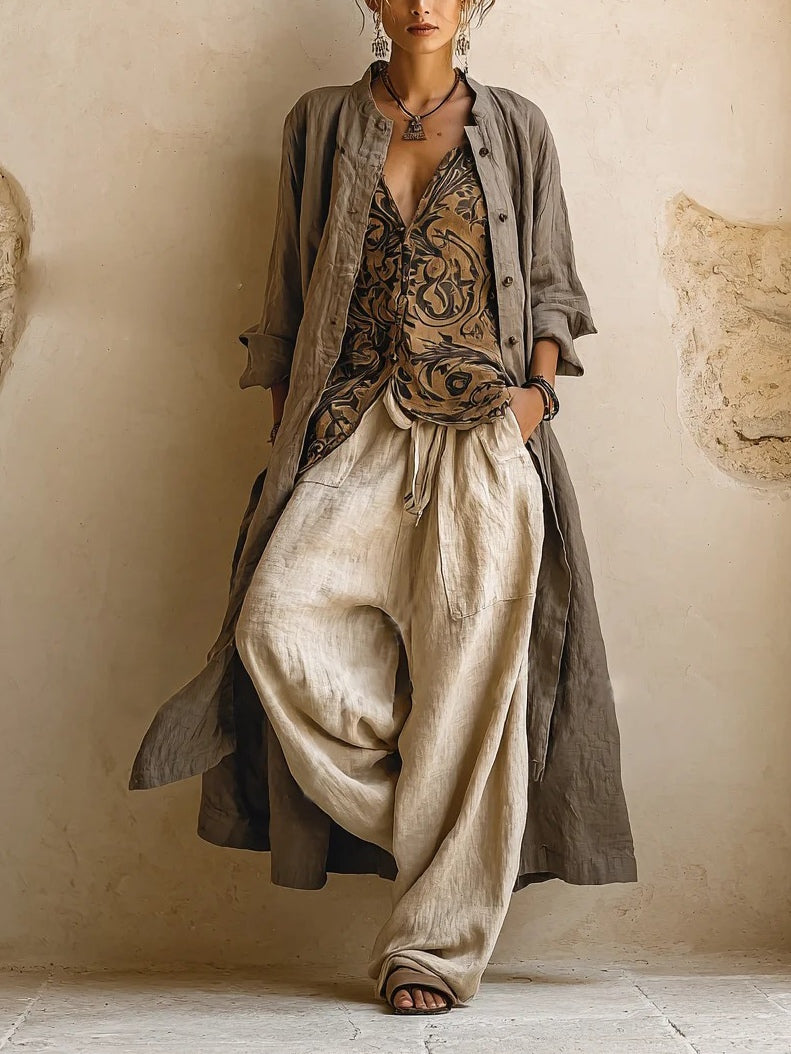 Linnea embroidered vest, duster and wide-leg trouser three-piece set — front view