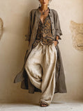 Linnea embroidered vest, duster and wide-leg trouser three-piece set — front view