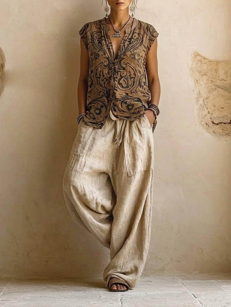 Linnea embroidered vest, duster and wide-leg trouser three-piece set — back view
