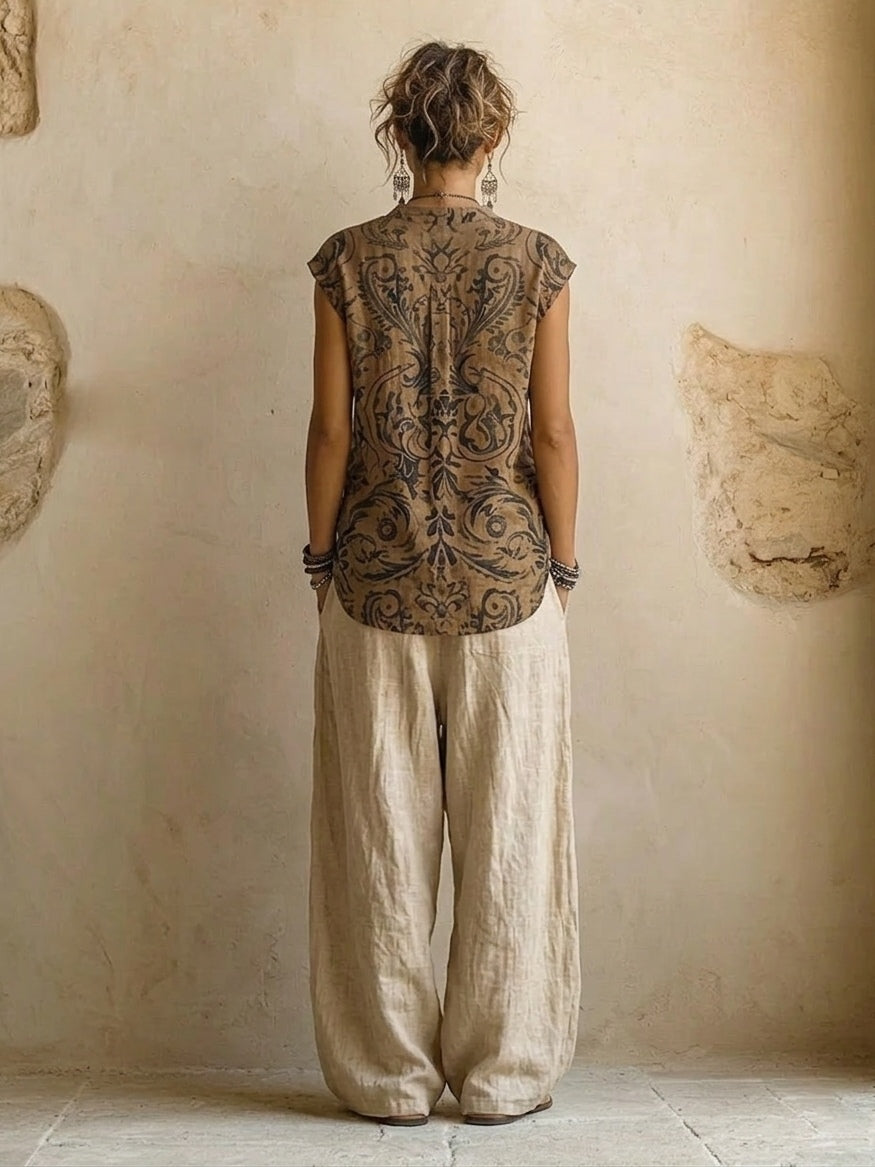 Linnea embroidered vest, duster and wide-leg trouser three-piece set — side view