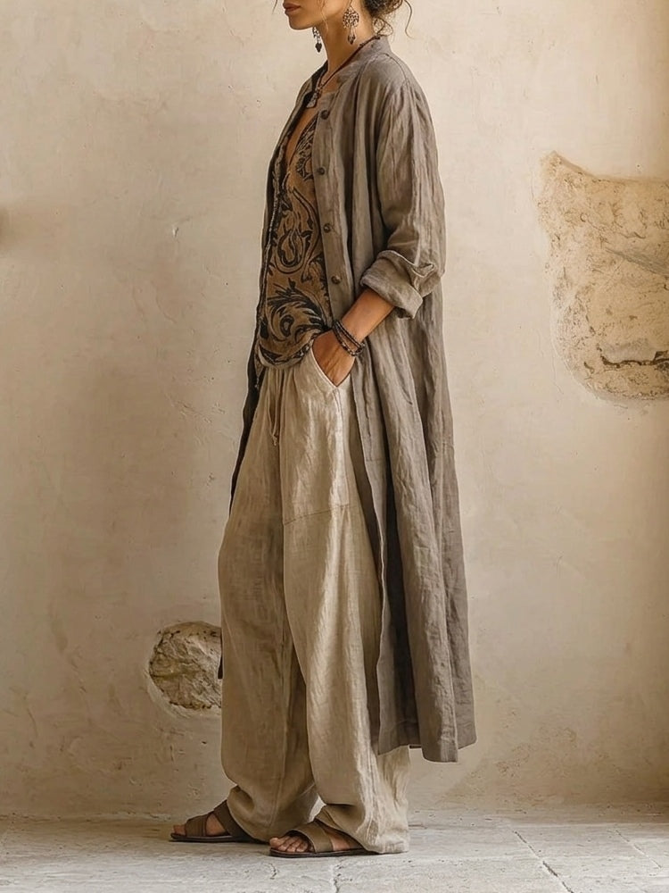 Linnea embroidered vest, duster and wide-leg trouser three-piece set — detail view