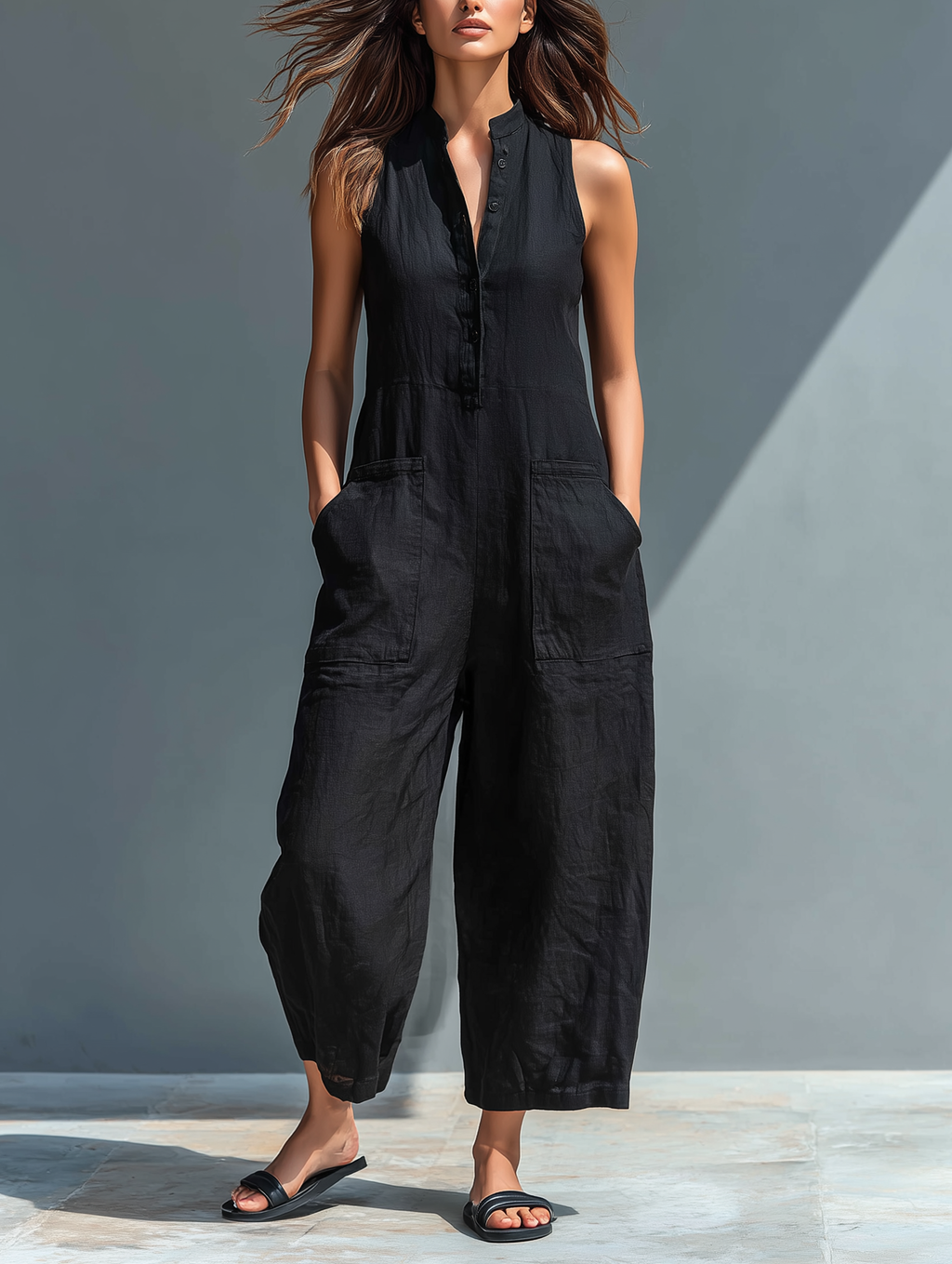 Georgia | Linen Blend Button Front Sleeveless Holiday Jumpsuit