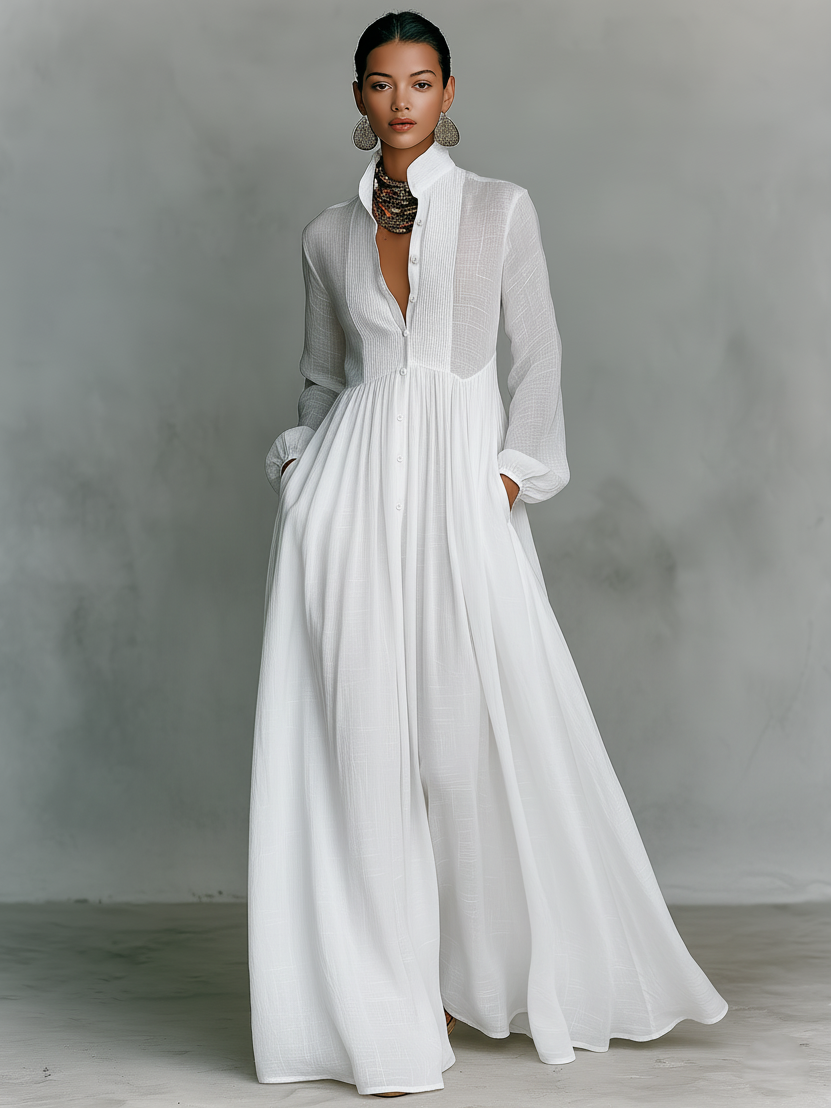 Elsie | Cotton Linen Patchwork Long Sleeve Maxi Shirt Dress