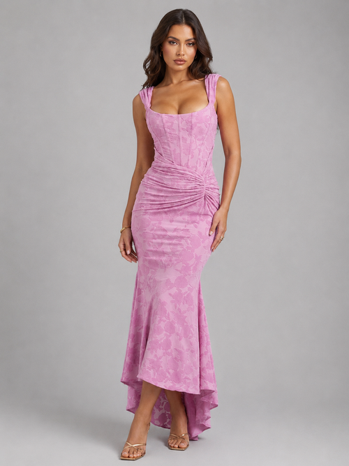 Pink floral corset maxi dress with ruched hip and fishtail hem