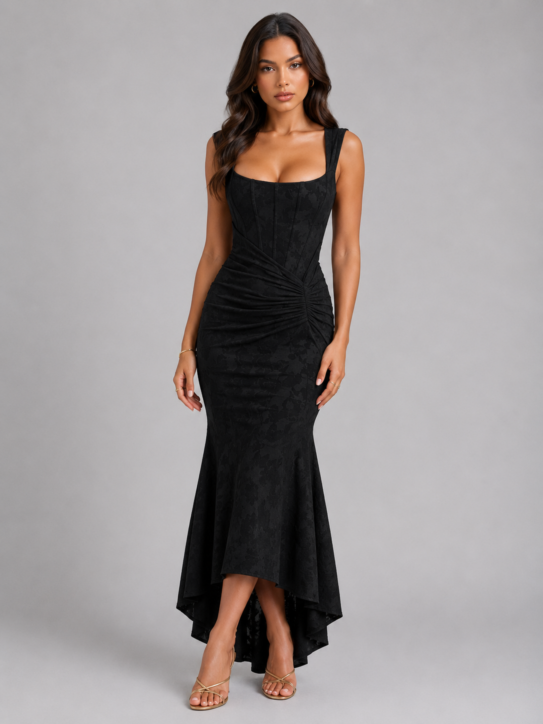 Pink floral corset maxi dress with ruched hip and fishtail hem - view 6