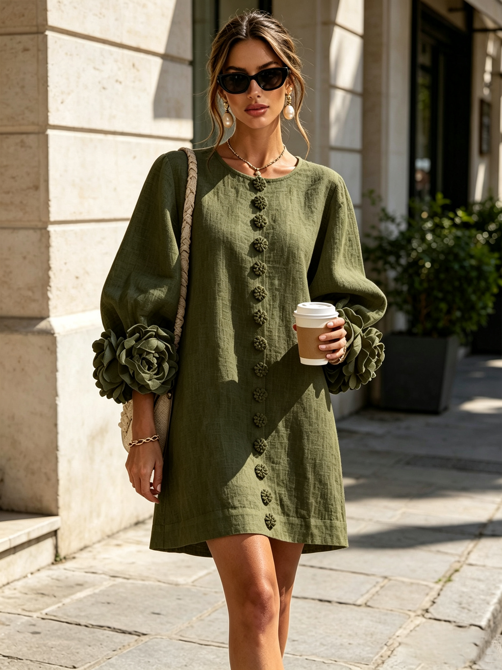 Ivory long sleeve mini dress with rosette cuffs and floral buttons - view 10