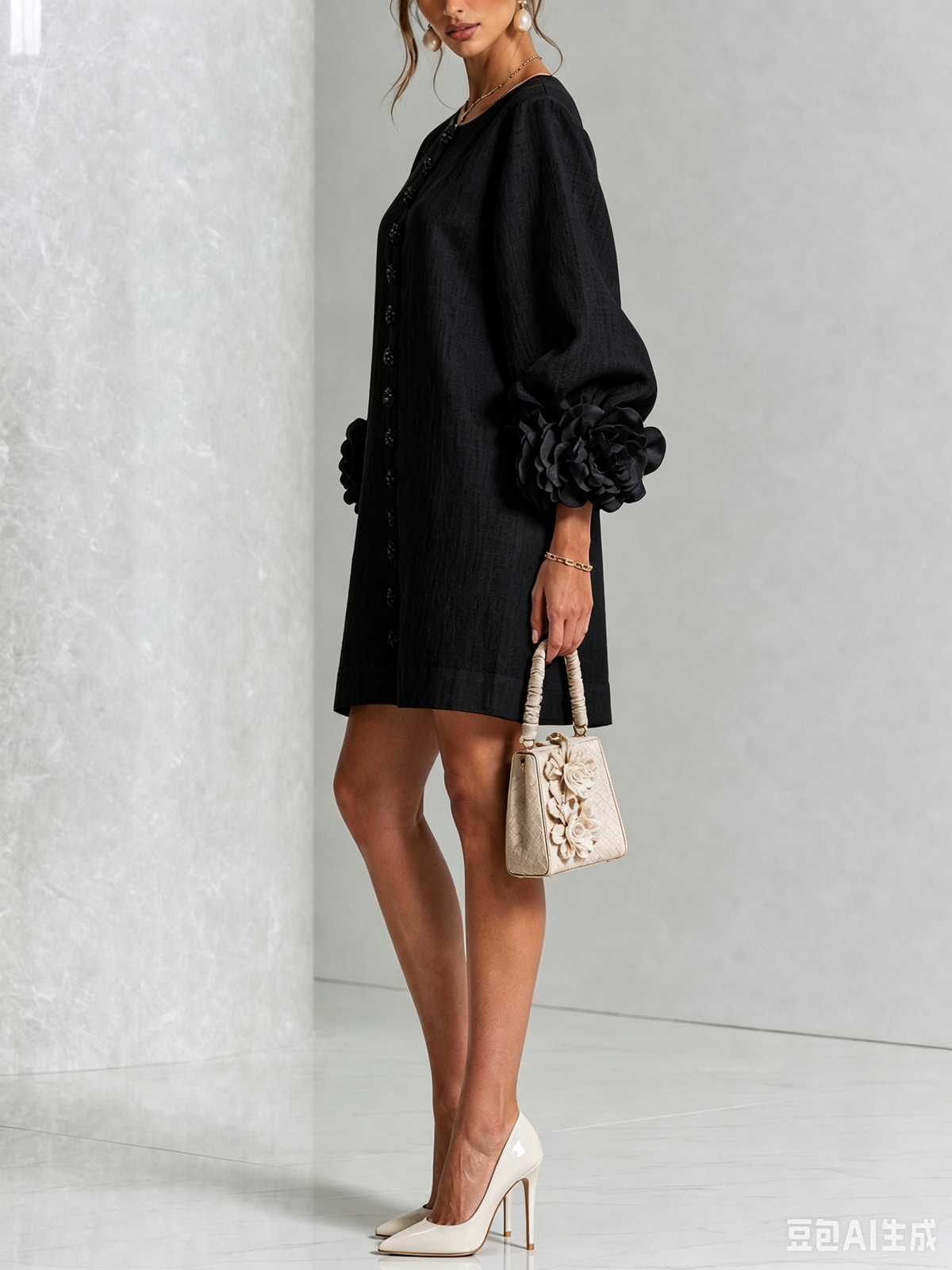 Ivory long sleeve mini dress with rosette cuffs and floral buttons - view 16