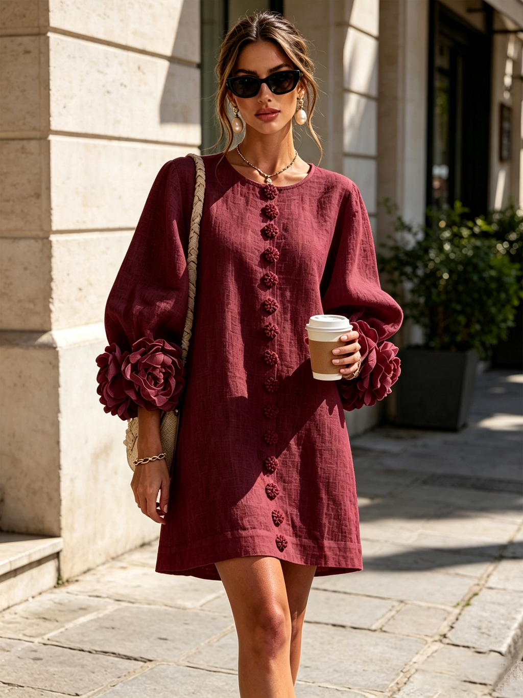 Ivory long sleeve mini dress with rosette cuffs and floral buttons - view 38