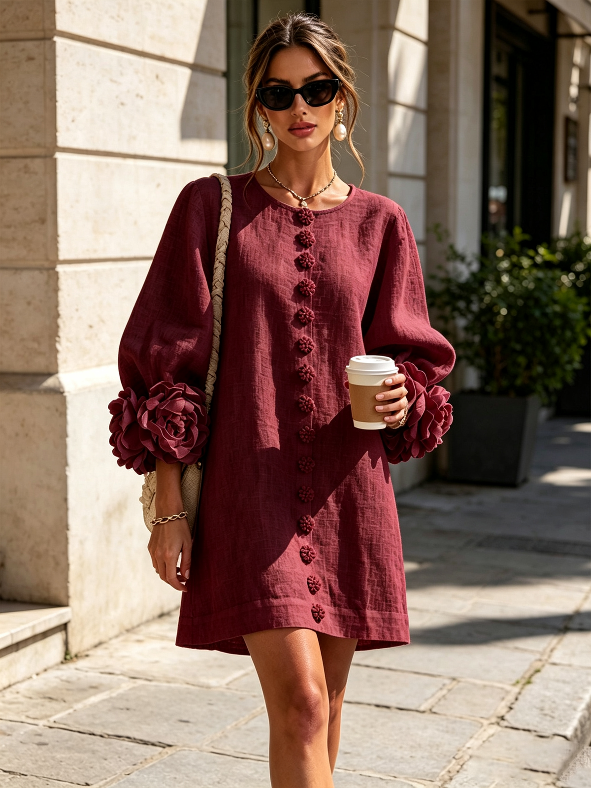 Ivory long sleeve mini dress with rosette cuffs and floral buttons - view 38