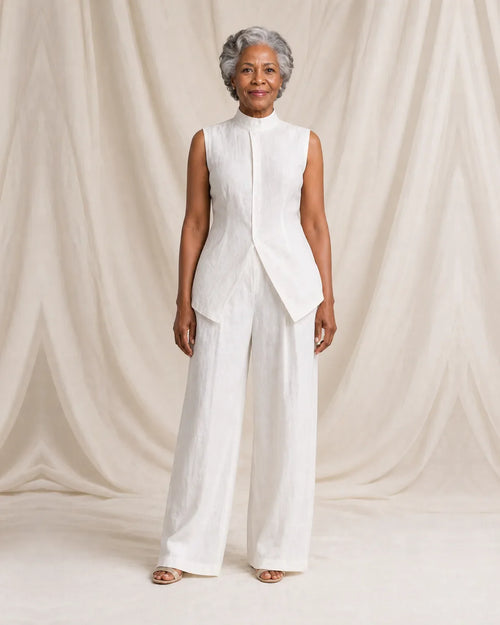 Women's two piece set with sleeveless stand-collar vest top and pleated wide leg pants