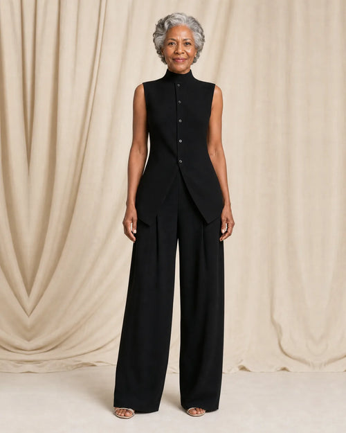 Women's two piece set with sleeveless stand-collar vest top and pleated wide leg pants - view 2
