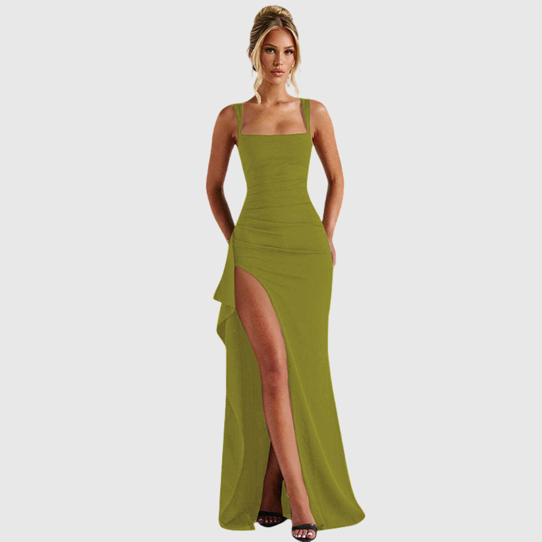 Square neck formal maxi dress with ruched waist and draped thigh-high slit - view 11