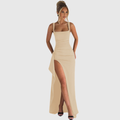 Square neck formal maxi dress with ruched waist and draped thigh-high slit - view 14