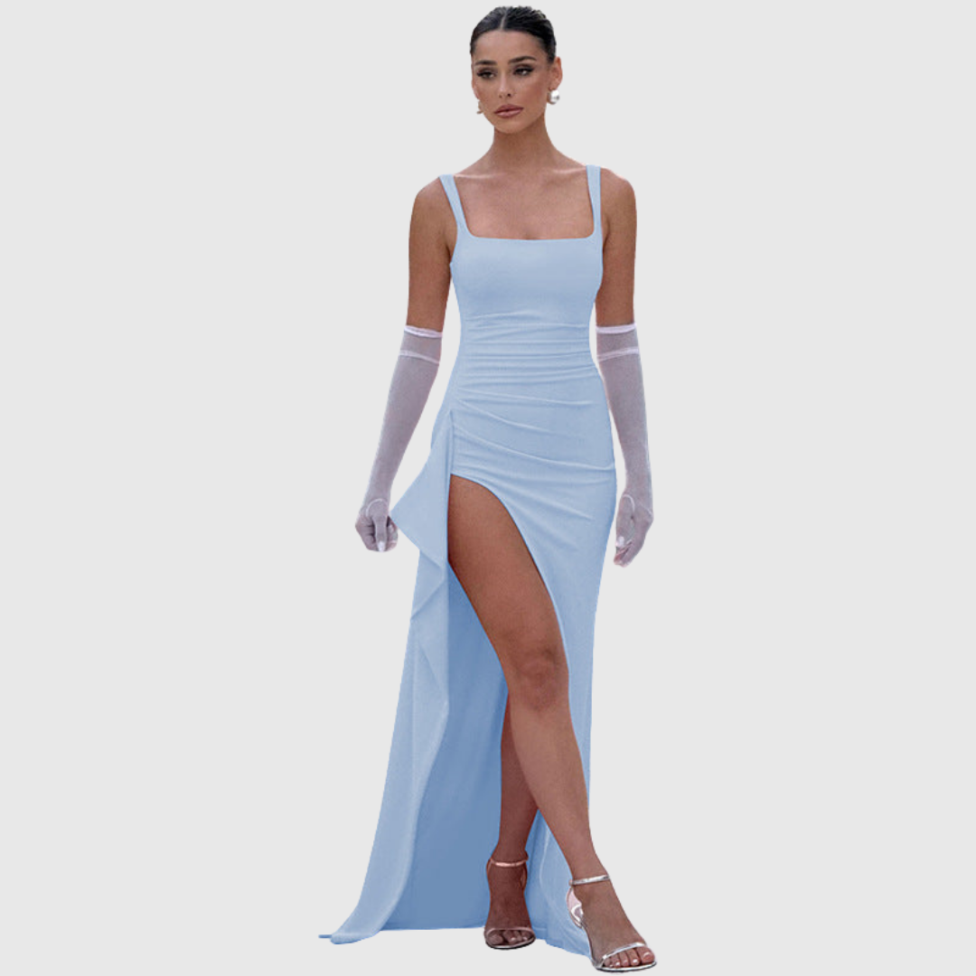 Square neck formal maxi dress with ruched waist and draped thigh-high slit - view 16