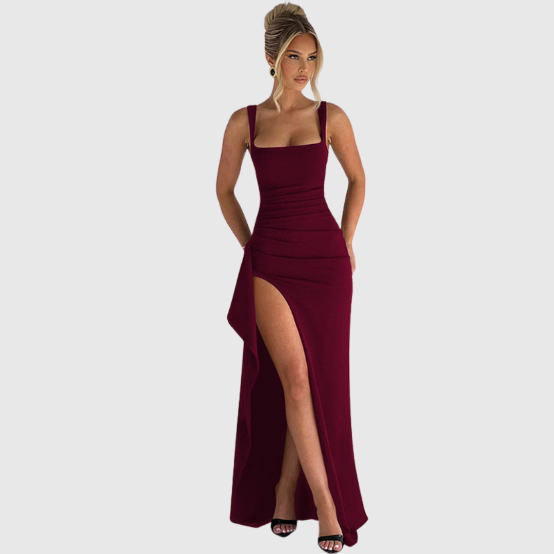 Square neck formal maxi dress with ruched waist and draped thigh-high slit - view 4