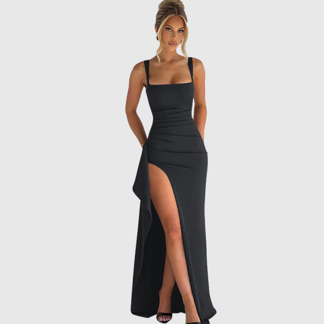 Square neck formal maxi dress with ruched waist and draped thigh-high slit - view 5