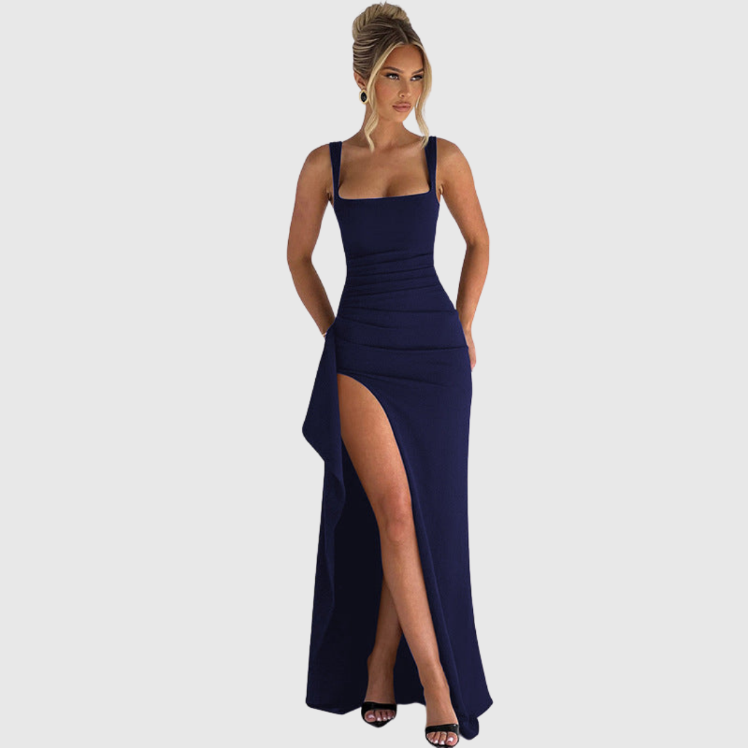 Square neck formal maxi dress with ruched waist and draped thigh-high slit - view 9