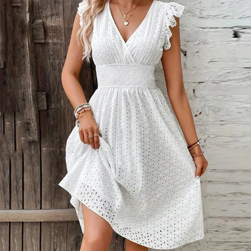 Broderie anglaise A-line midi dress with wrap V-neck, ruffle cap sleeves and smocked waist