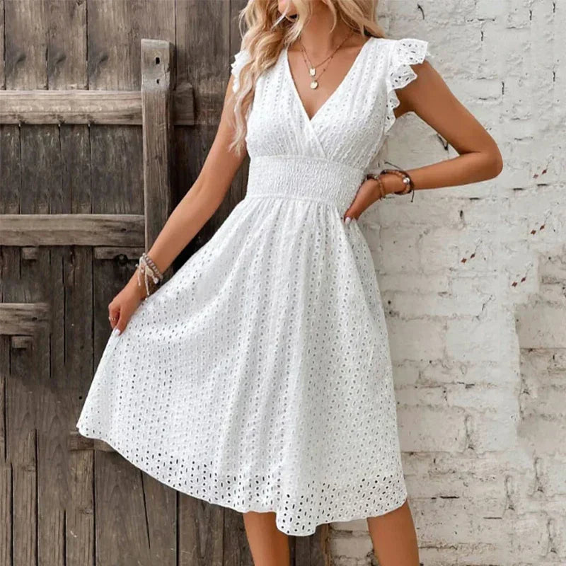 Broderie anglaise A-line midi dress with wrap V-neck, ruffle cap sleeves and smocked waist - view 2